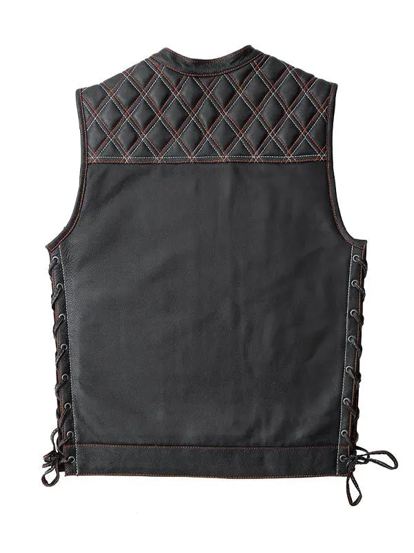 Men’s Diamond Quilted Stitch Design Black Leather Vest - fashonic