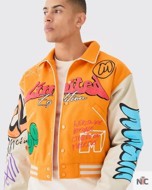 Boxy Fit Graffiti Orange Varsity Jacket Clanton Jacket