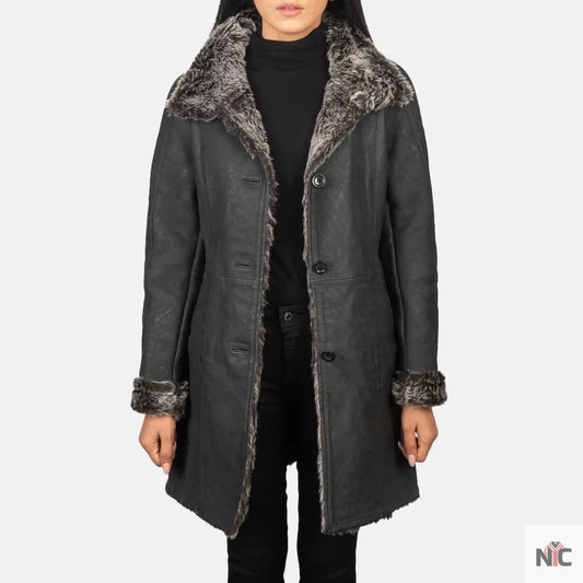 Erica Shearling Black Leather Coat Clanton Jacket
