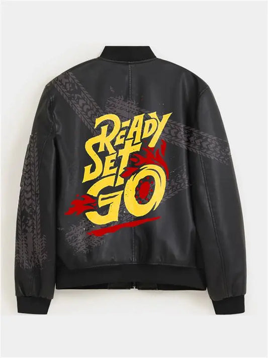 Hand Painted Ready Set Go Leather Bomber Jacket - fashonic