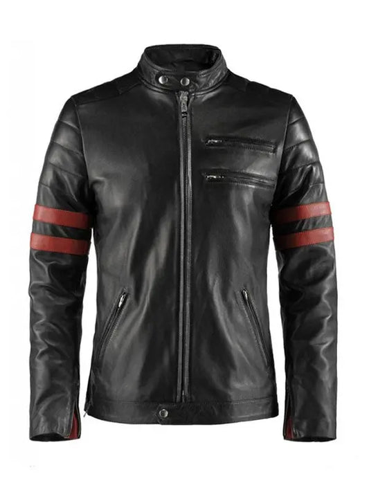 Hybrid Cafe Racer Striped Black Leather Jacket - fashonic