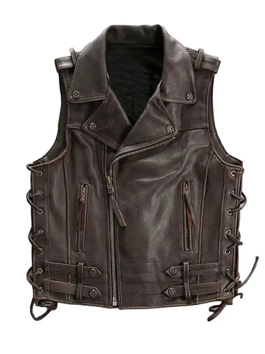 Men’s Cowhide Dark Brown Biker Leather Vest - fashonic