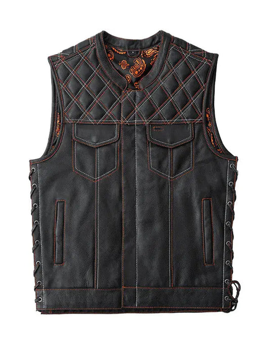 Men’s Diamond Quilted Stitch Design Black Leather Vest - fashonic