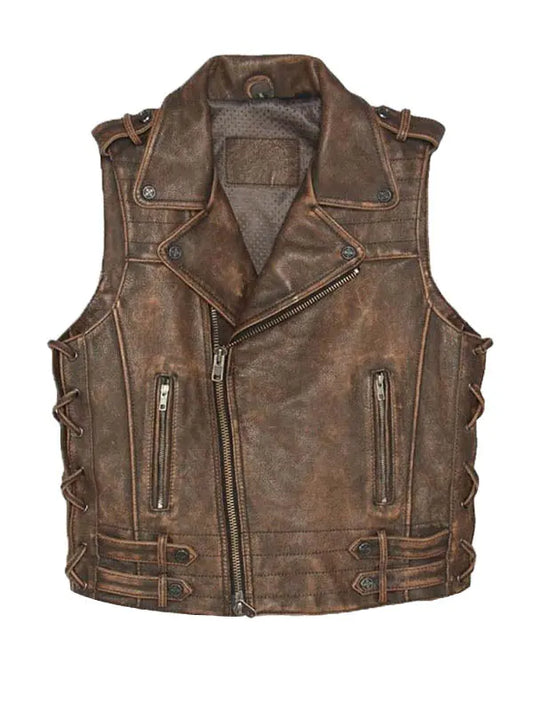Mens Brown Leather Biker Motorcycle Vest - fashonic