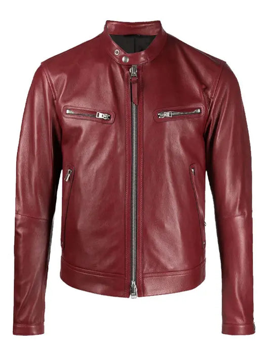 Mens Casual Motorcycle Biker Red Leather Jacket - fashonic