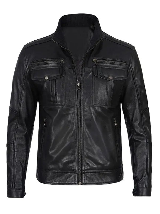 Moffit Mens Cafe Racer Black Leather Jacket - fashonic