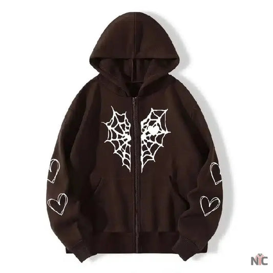 Sp5der Zipper Web & Heart Print Hoodie Brown Clanton Jacket