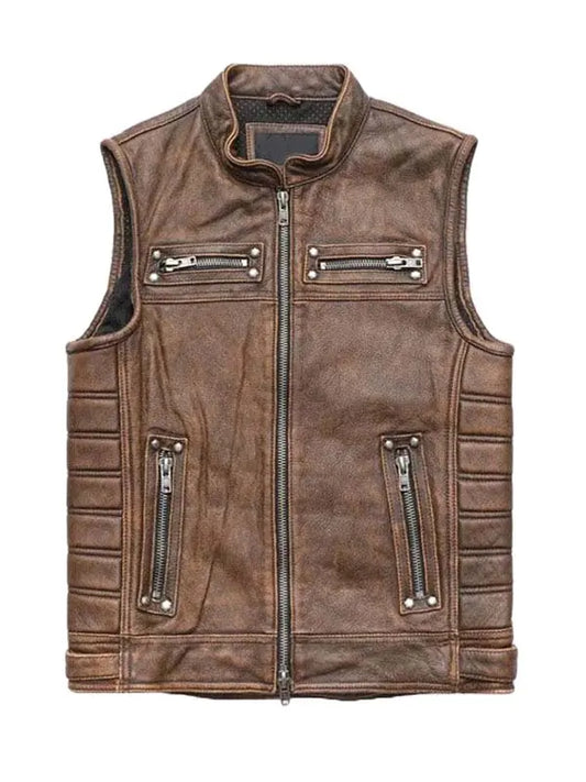 Vintage Brown Motorcycle Biker Leather Vest - fashonic