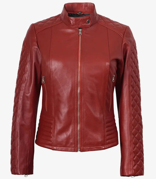 Women Red Quilted Sleeves Cafe Racer Leather Jacket