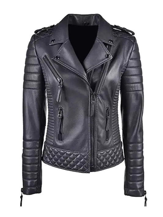 Women’s Black Leather Motorcycle Biker Jacket - fashonic