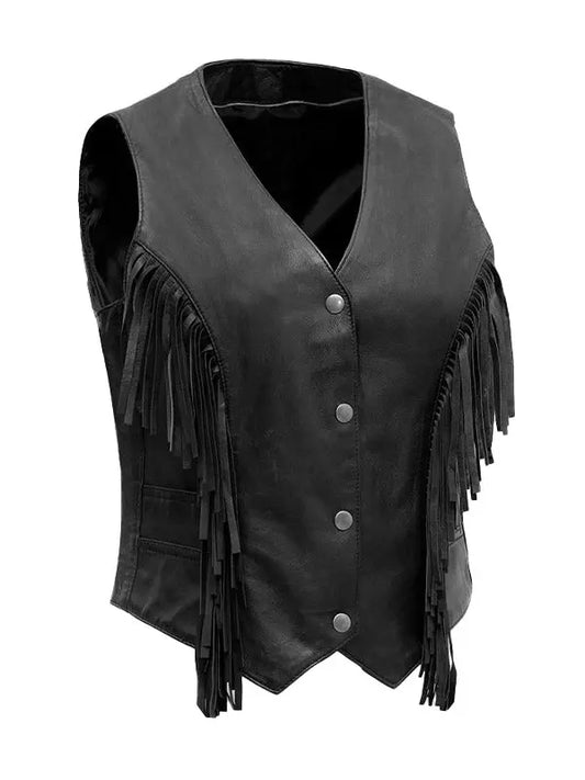 Women’s Cowgirl Fringe Style Black Leather Vest - fashonic