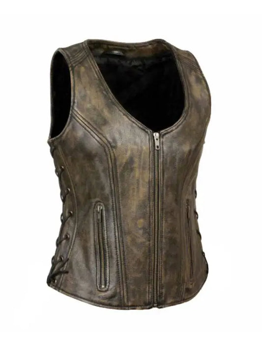 Women’s Cowgirl Side Lace Distressed Brown Leather Vest - fashonic