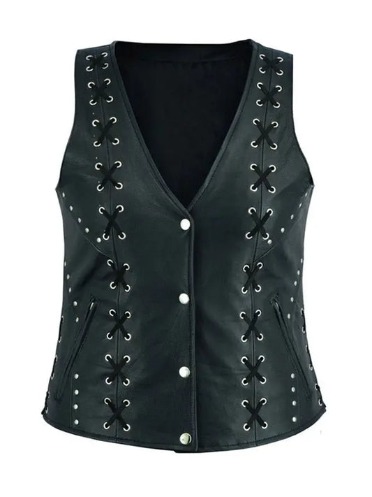 Women’s Lace Work Design Black Leather Vest - fashonic