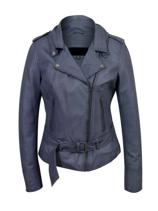 Women’s Slimfit Classic Belted Distressed Blue Leather Jacket - fashonic