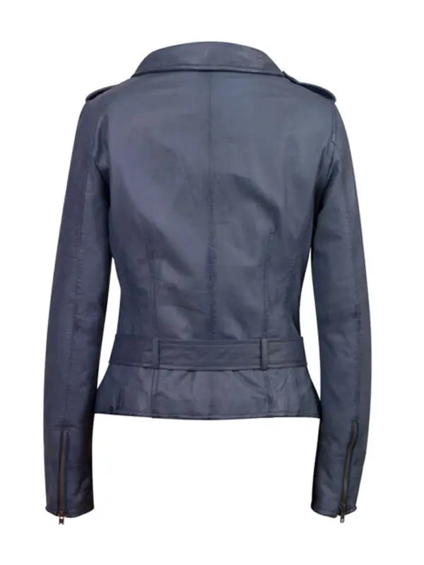 Women’s Slimfit Classic Belted Distressed Blue Leather Jacket - fashonic