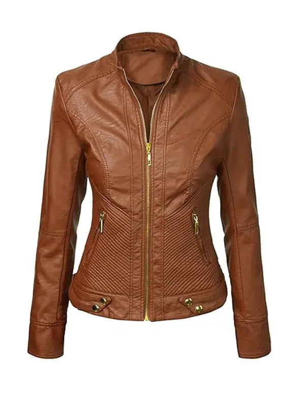 Women’s Stylish Slim Fit Motorcycle Tan Brown Leather Jacket - fashonic