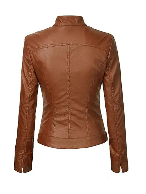 Women’s Stylish Slim Fit Motorcycle Tan Brown Leather Jacket - fashonic