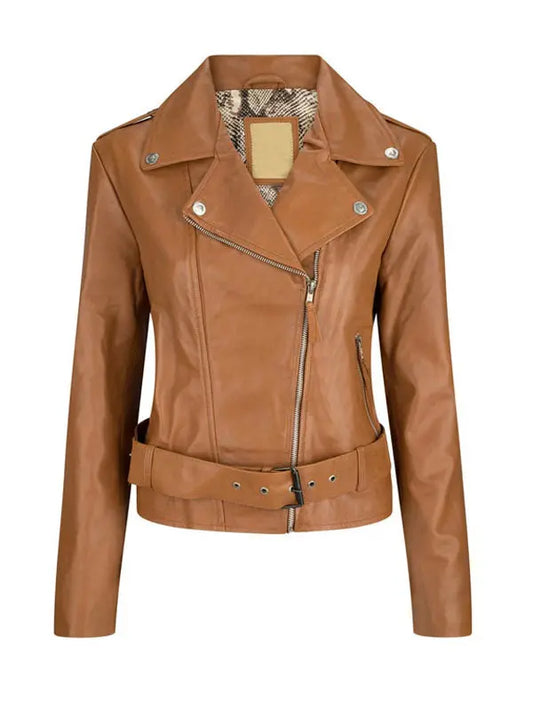 Women’s Stylish Tan Brown Belted Leather Jacket - fashonic