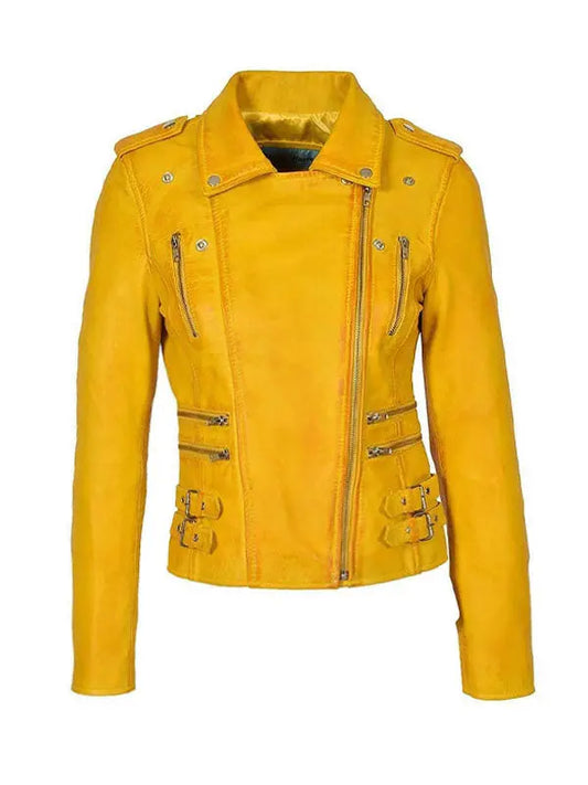 Women’s Yellow Slimfit Classic Biker Leather Jacket - fashonic