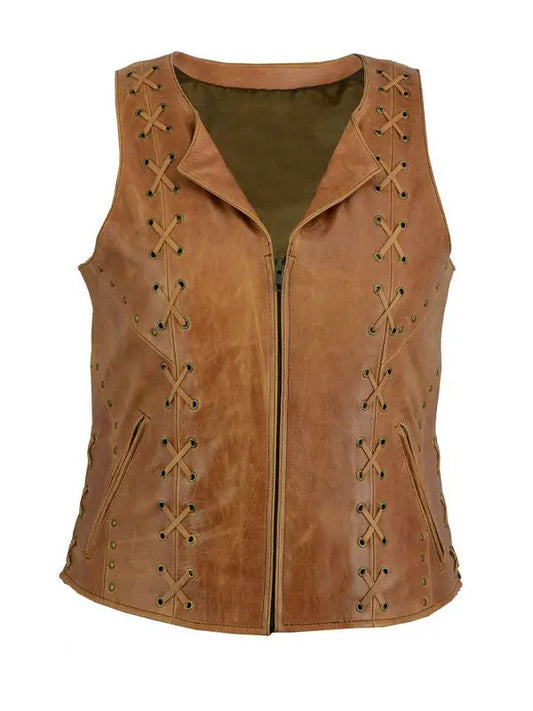 Women’s Zippered With Lacing Design Brown Vest - fashonic