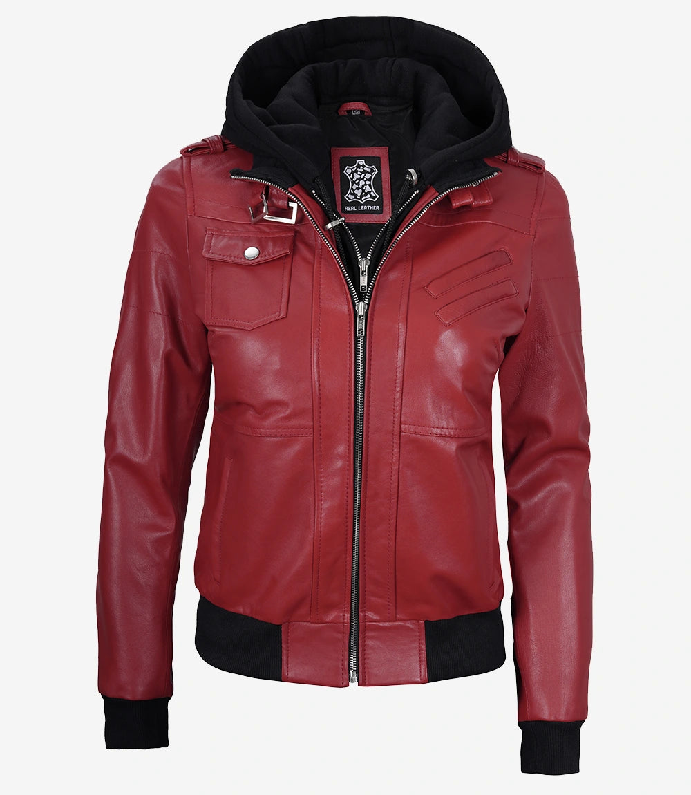 Women's Red Leather Jacket with Removable Hood